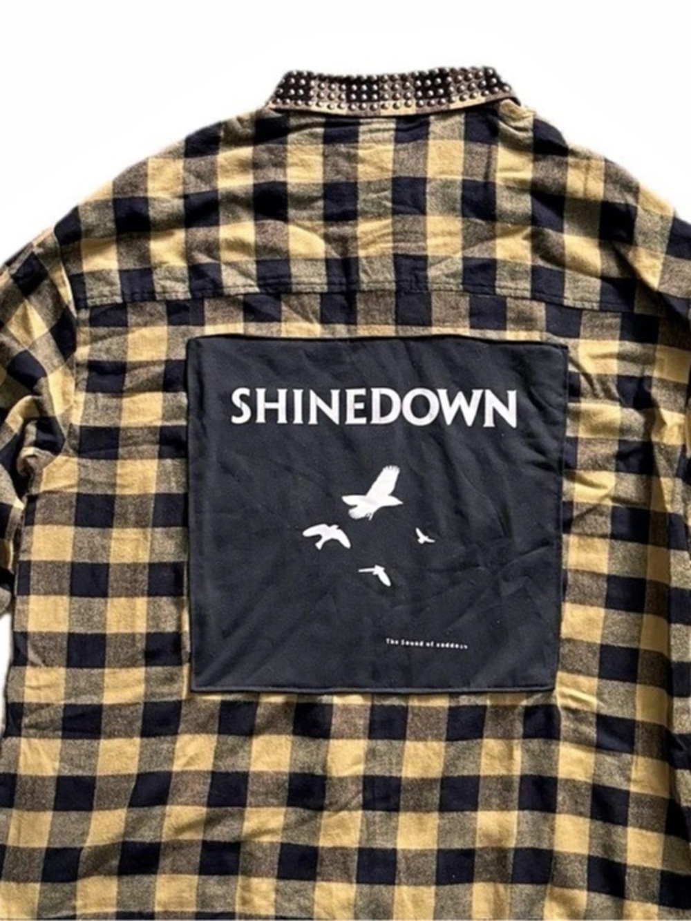 Upcycled Plaid Studded Button Down in Mustard & Black with Shinedown Patch